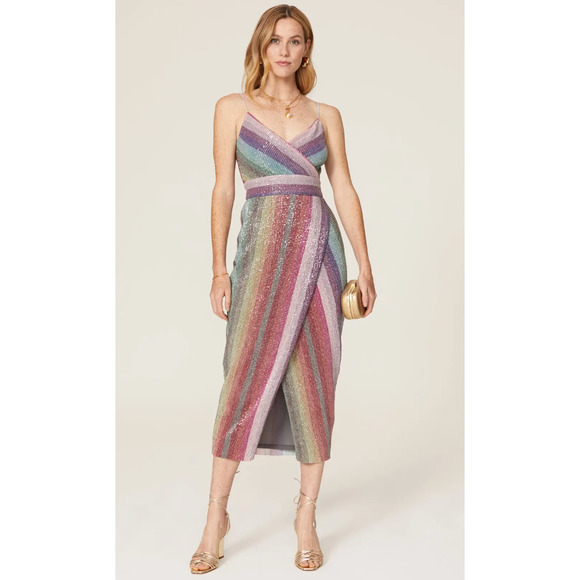 SAYLOR Dresses & Skirts - Saylor Meghan Lurex Pastel Rainbow Stripe Wrap Dress Small